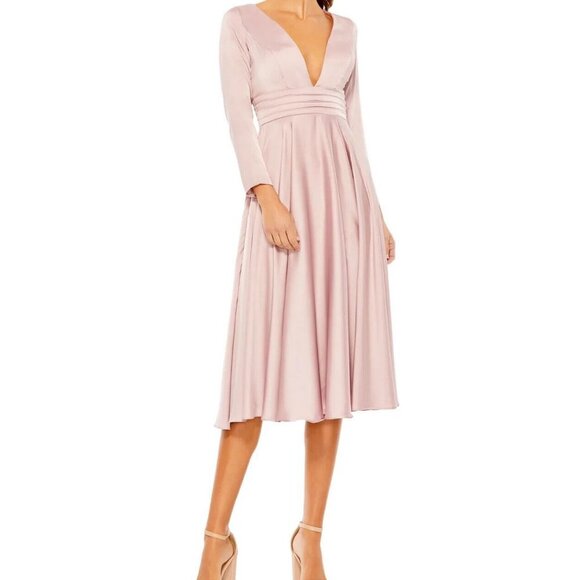 Mac Duggal Rose Pink Long Sleeve Plunge Neck Cocktail Midi Dress
